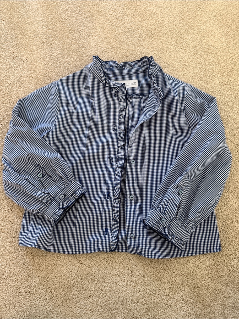 Zara girls Blue Gingham Button-Up Shirt with Ruffle Collar